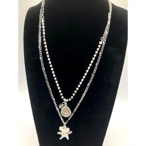 TOMMY BAHAMA Beach Nautical Silver Tone Starfish Faux Pearl Layered Necklace 15"